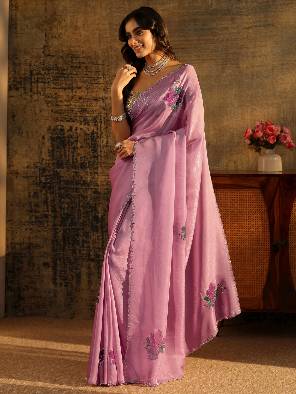 Mameraa Powder Blue Tissue Saree with Embellished Floral Motifs