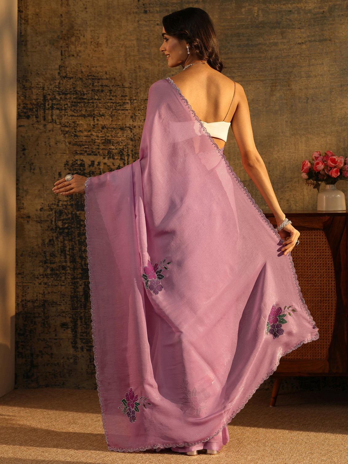 Mameraa Powder Blue Tissue Saree with Embellished Floral Motifs
