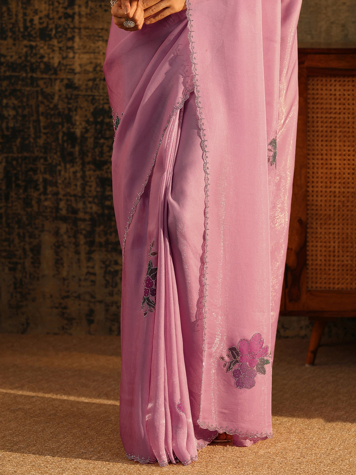 Mameraa Powder Blue Tissue Saree with Embellished Floral Motifs