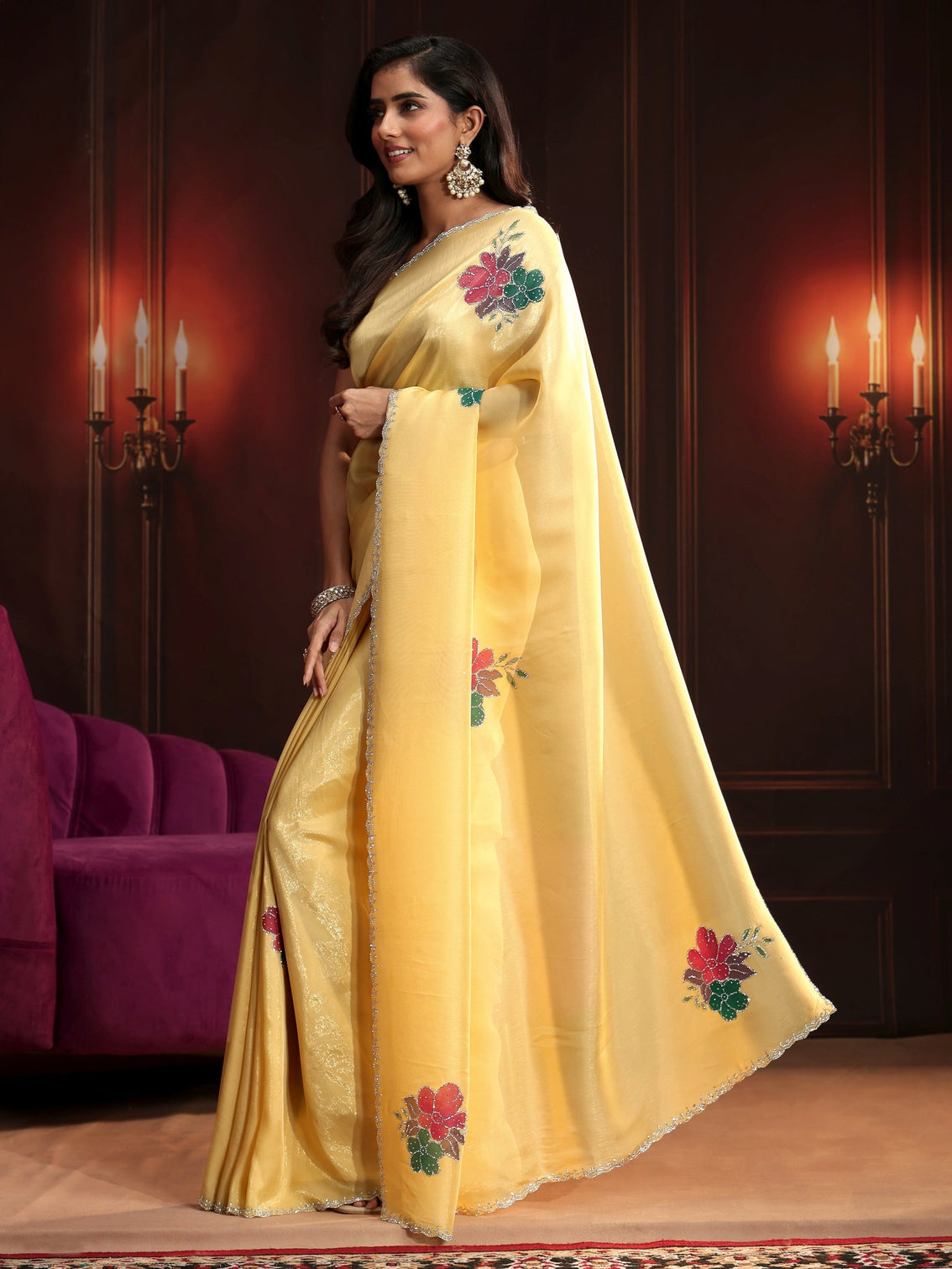 Mameraa Butter Yellow Floral Embellished Tissue Saree