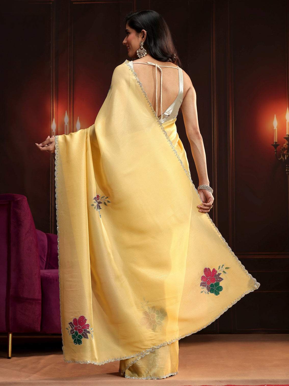 Mameraa Butter Yellow Floral Embellished Tissue Saree