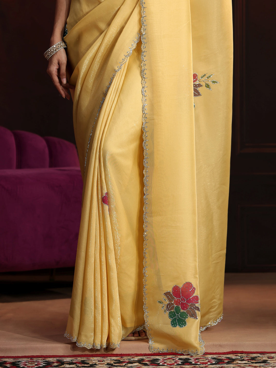 Mameraa Butter Yellow Floral Embellished Tissue Saree