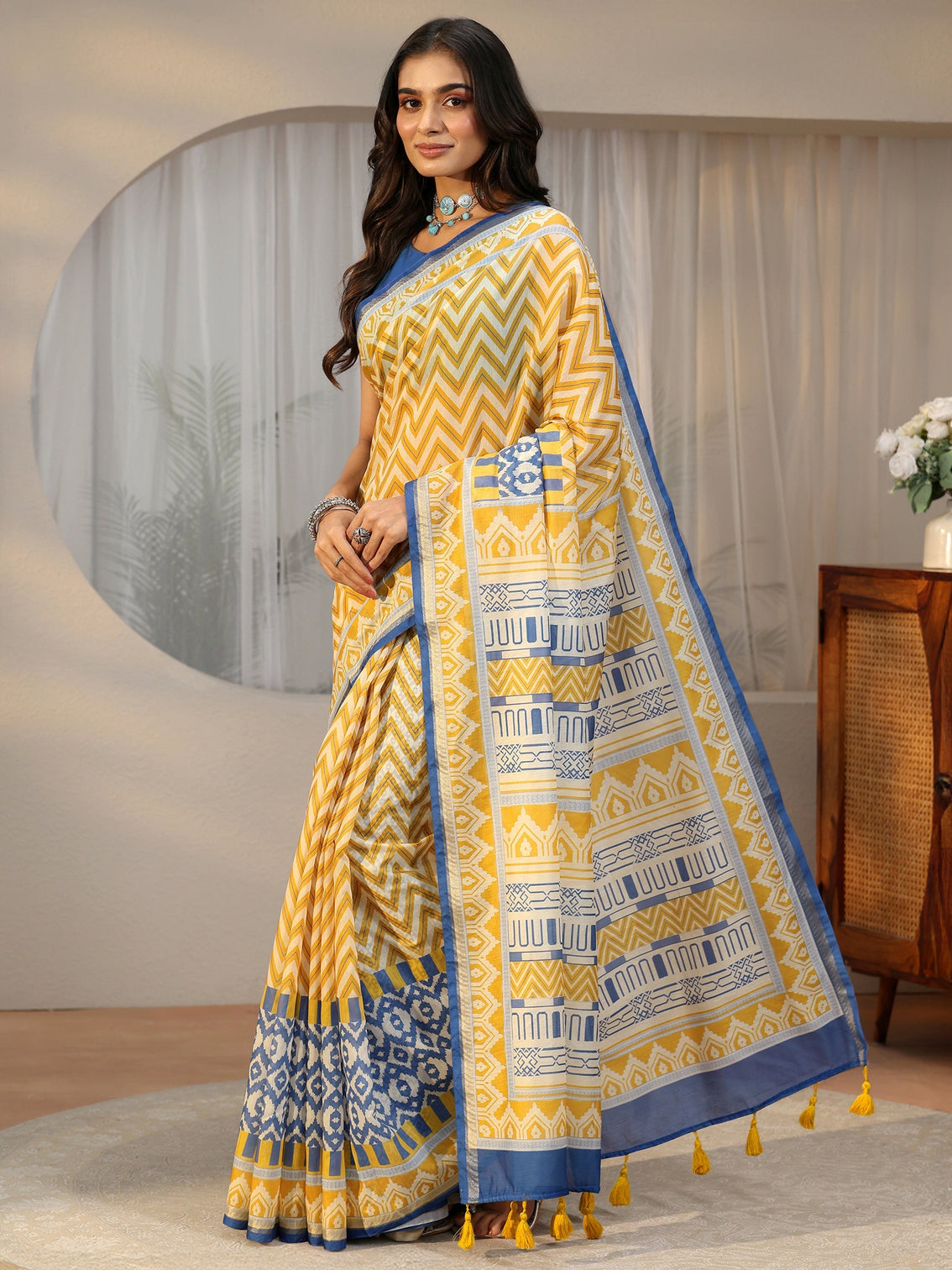Mameraa Multi Colour Chevron Printed Cotton Blend Saree