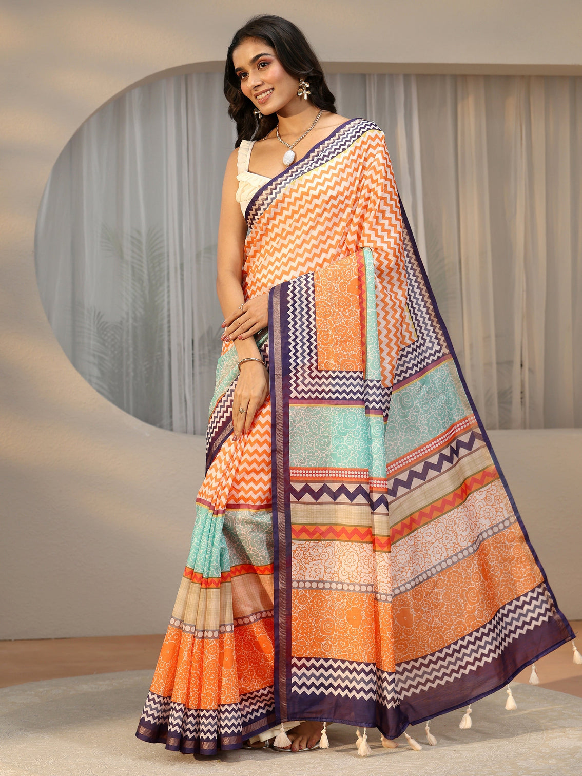 Mameraa Multi Colour Chevron Printed Cotton Blend Saree