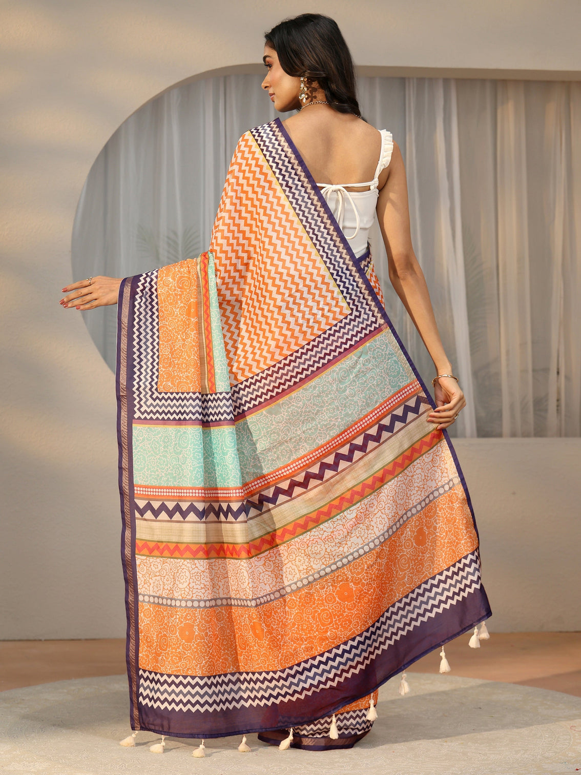 Mameraa Multi Colour Chevron Printed Cotton Blend Saree