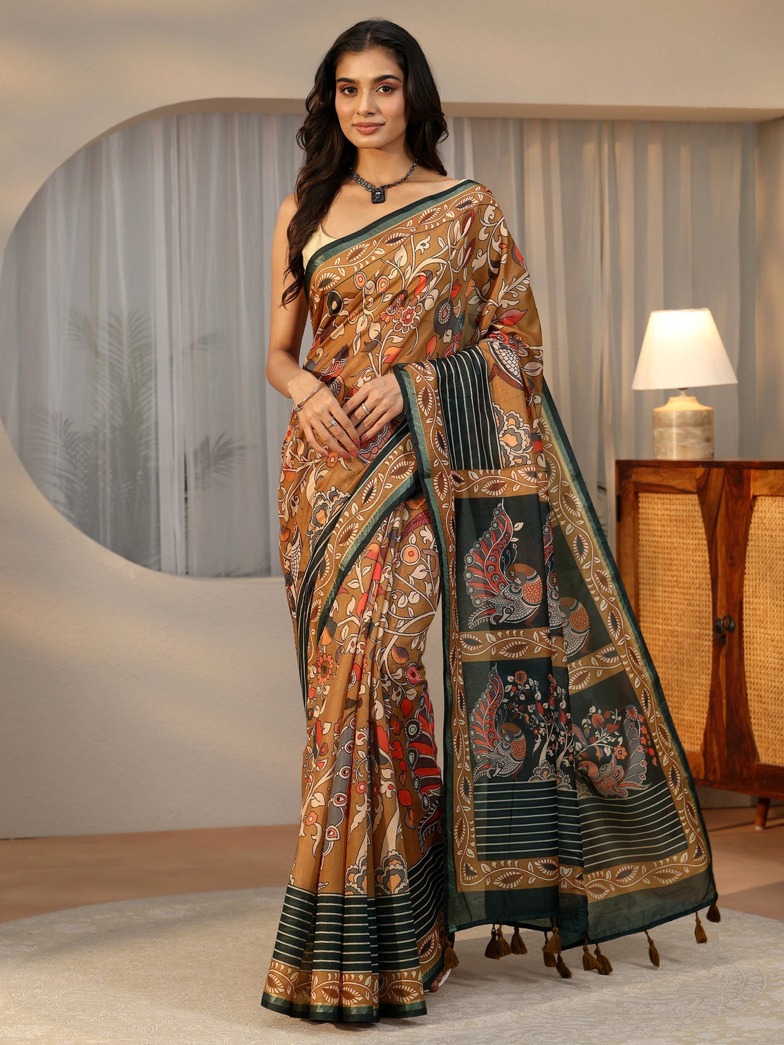 Mameraa Multi Colour Kalamkari Print Cotton Blend Saree