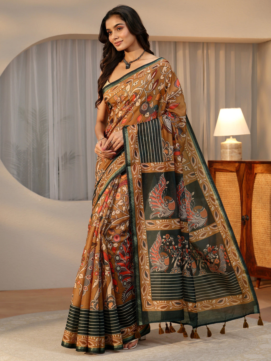 Mameraa Multi Colour Kalamkari Print Cotton Blend Saree