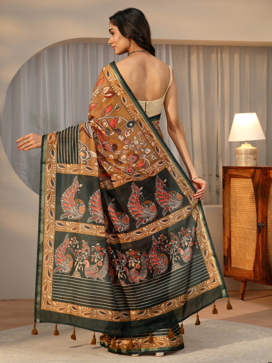 Mameraa Multi Colour Kalamkari Print Cotton Blend Saree