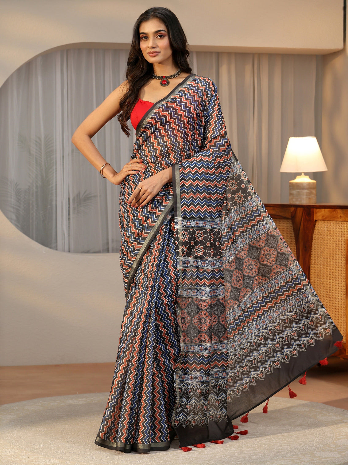 Mameraa Multi Colour Chevron Printed Cotton Blend Saree