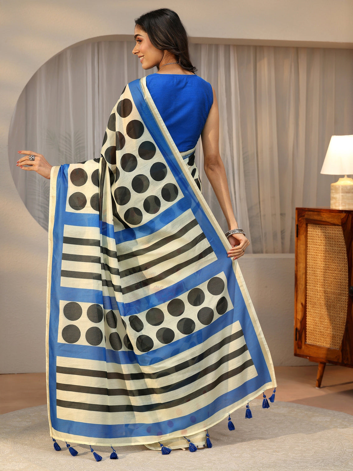 Mameraa Beige Polka Dot Print Cotton Blend Saree