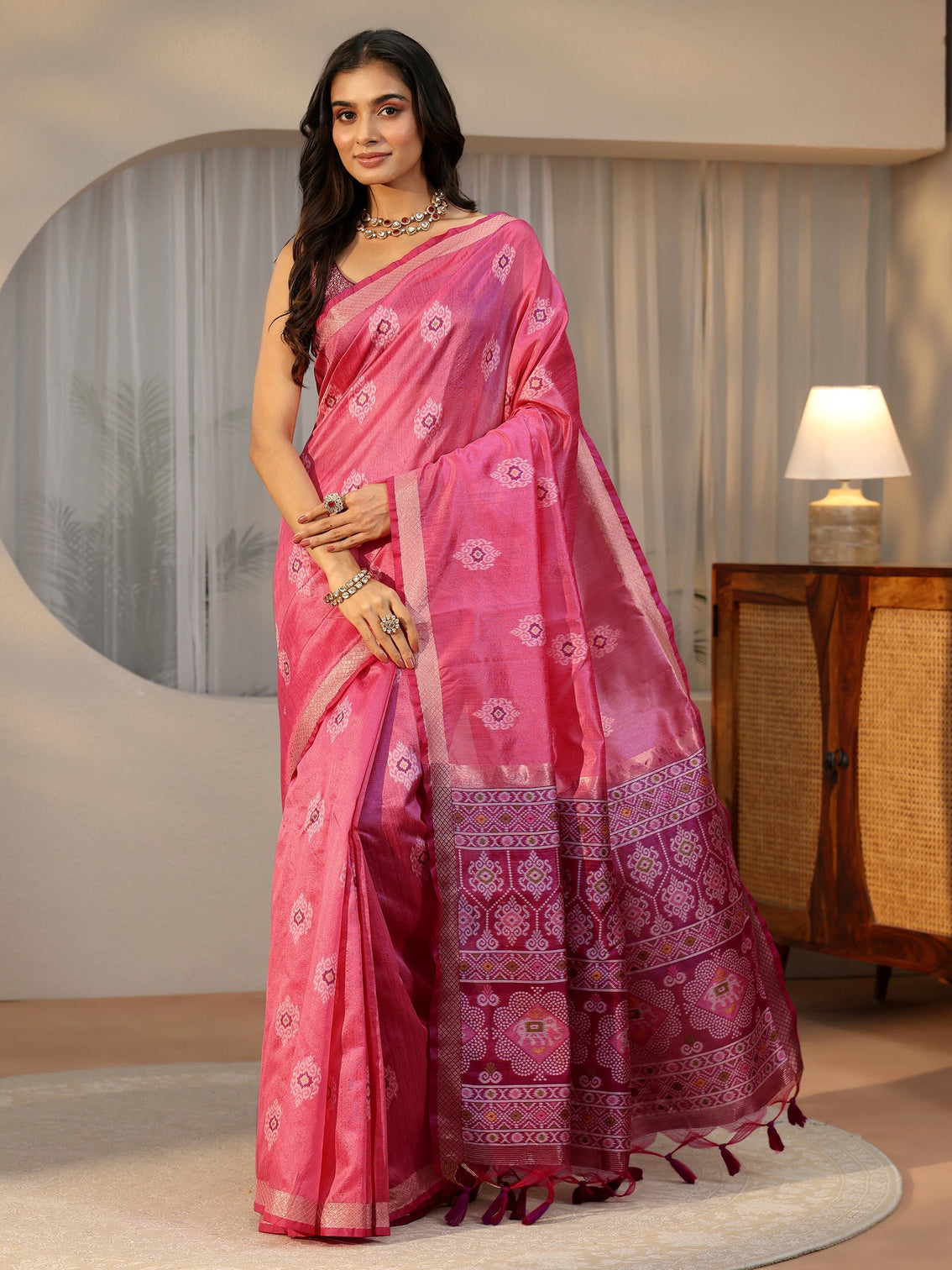 Mameraa Rani Pink Woven Design Silk Blend Saree