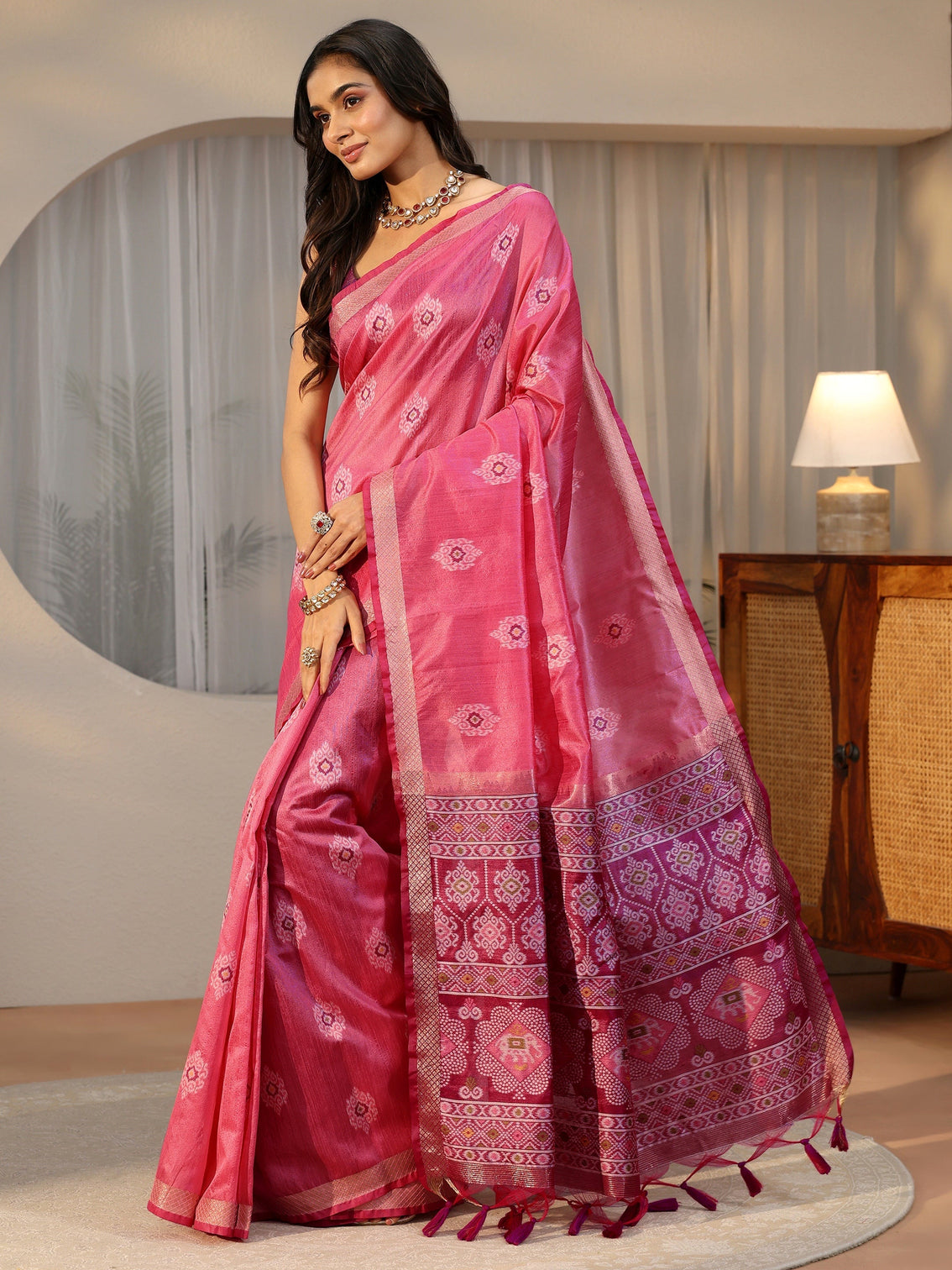 Mameraa Rani Pink Woven Design Silk Blend Saree