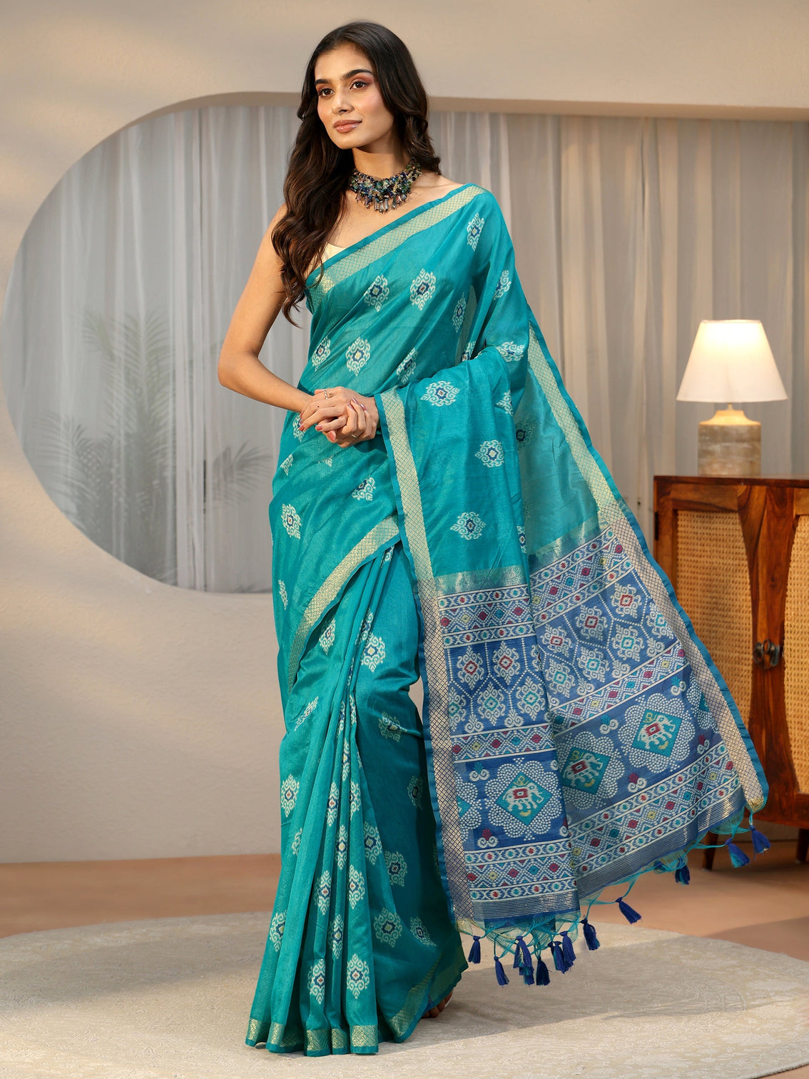 Mameraa Teal Blue Woven Design Silk Blend Saree