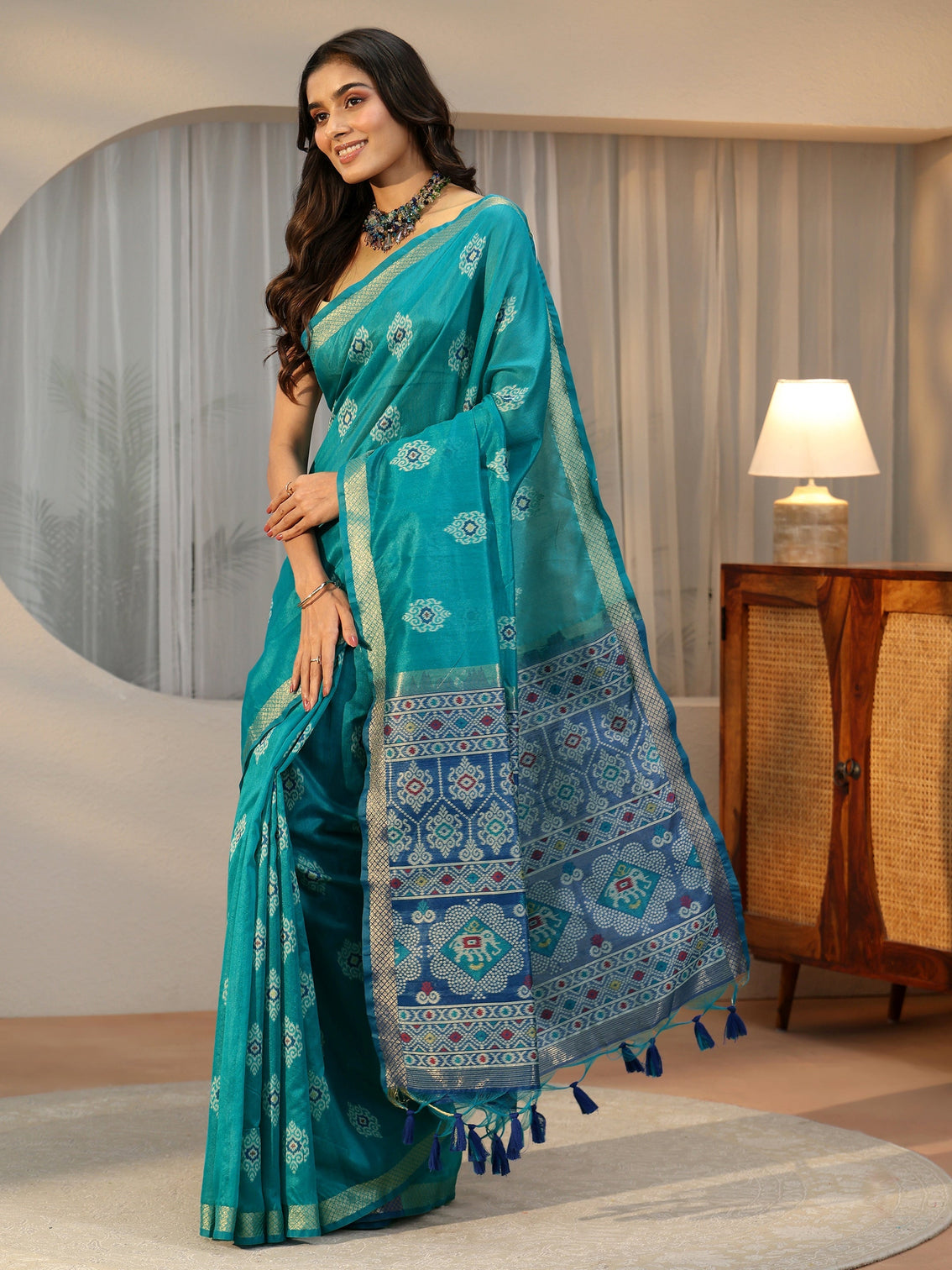 Mameraa Teal Blue Woven Design Silk Blend Saree