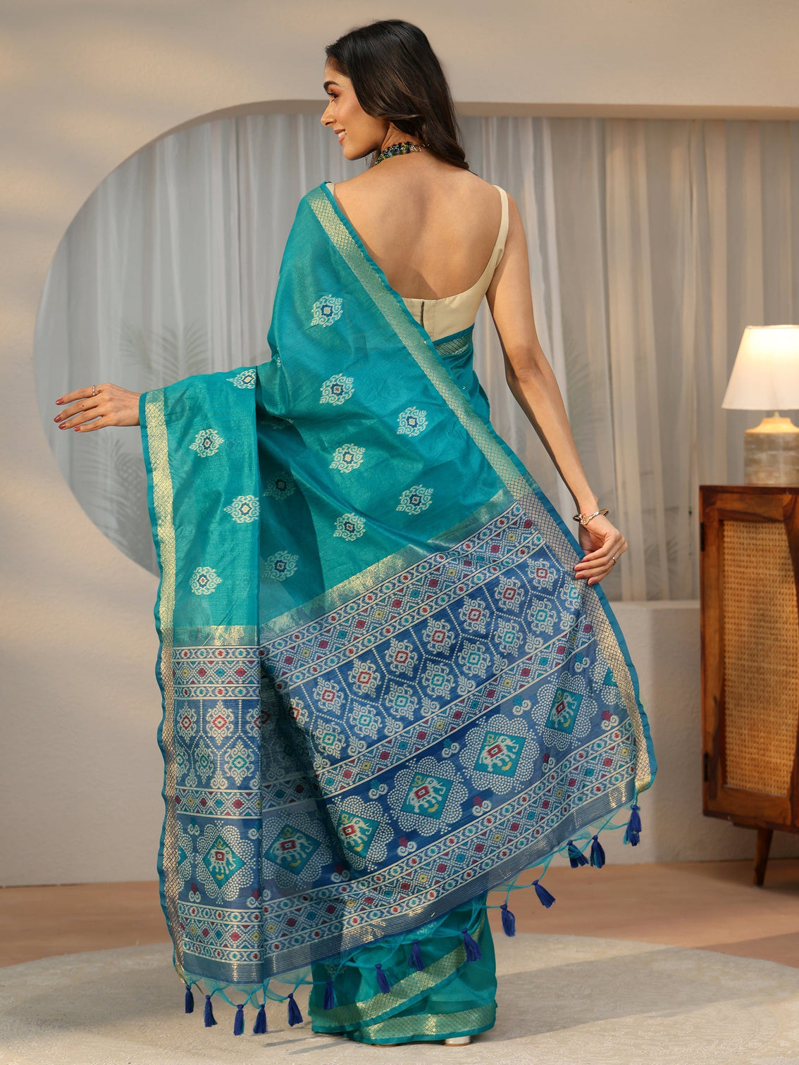 Mameraa Teal Blue Woven Design Silk Blend Saree