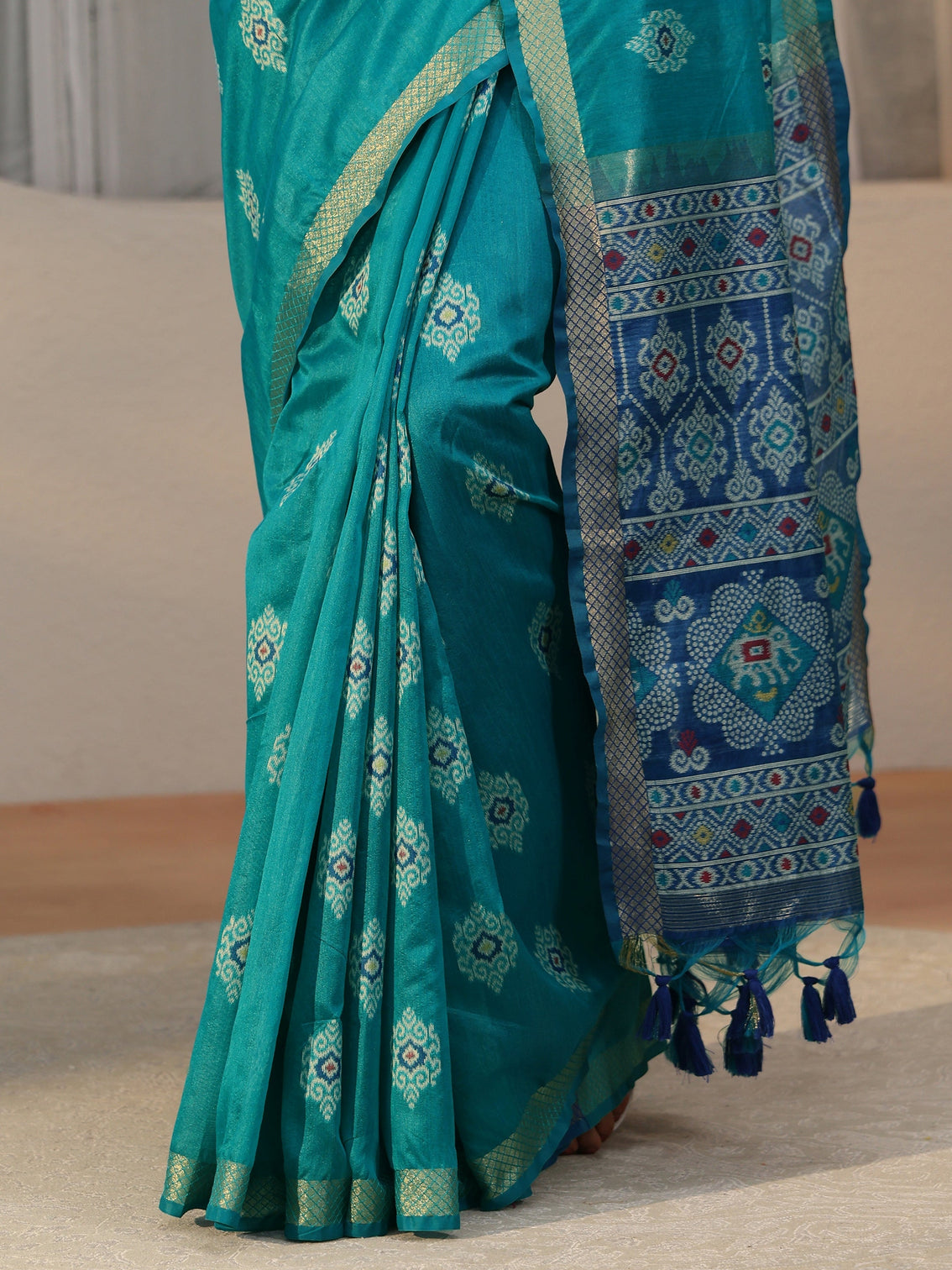 Mameraa Teal Blue Woven Design Silk Blend Saree