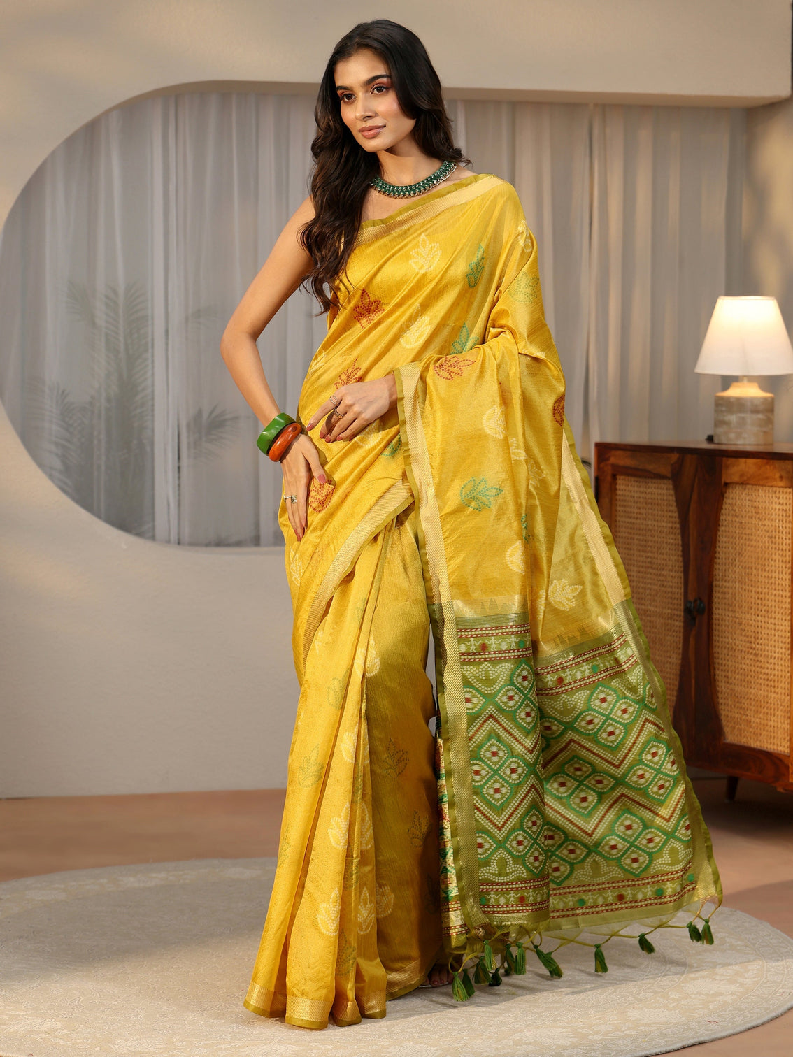 Mameraa Mustard Bandhani Silk Blend Saree