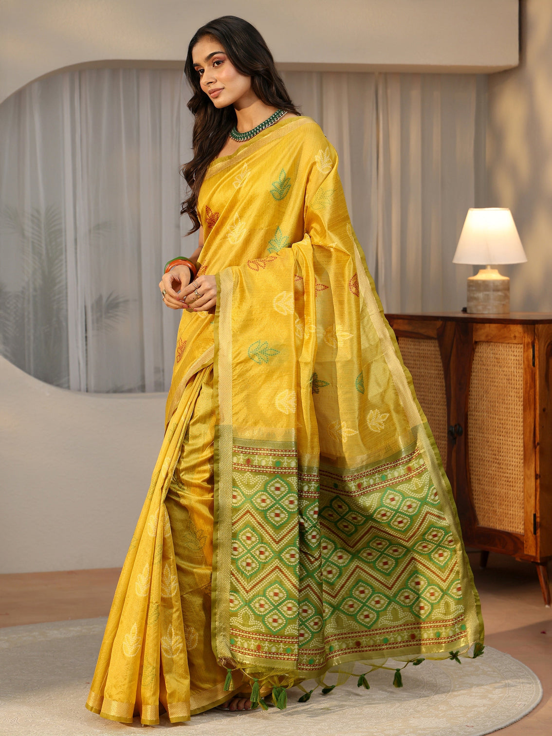 Mameraa Mustard Bandhani Silk Blend Saree