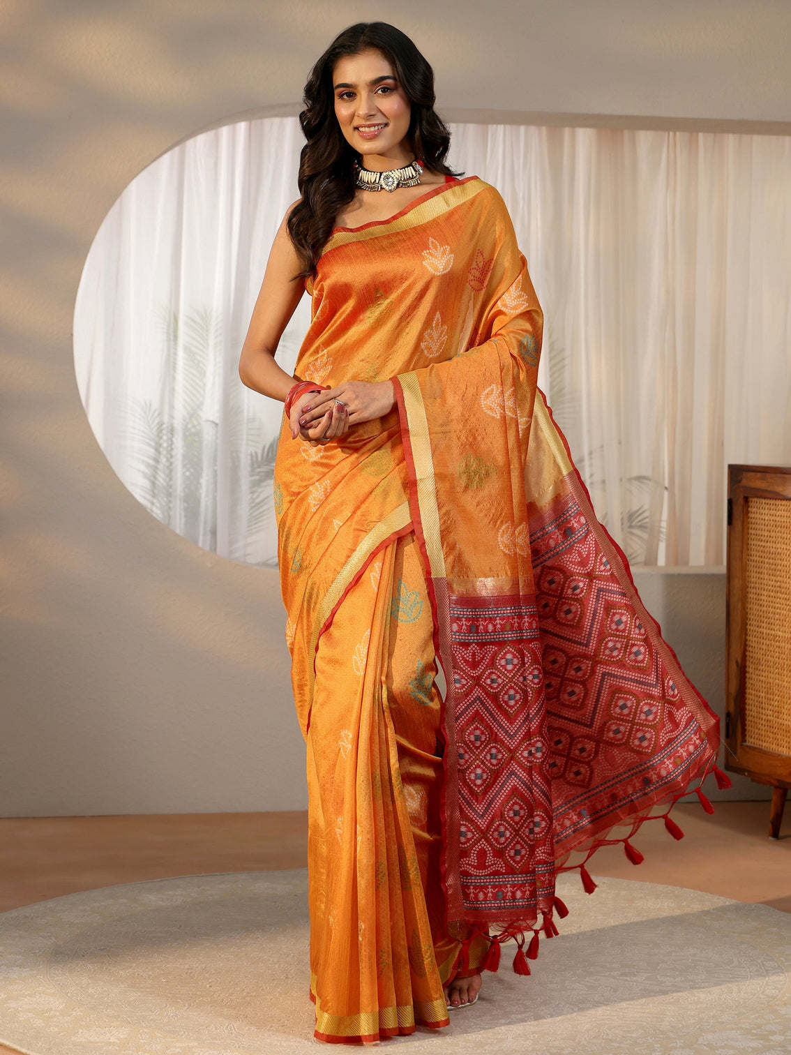 Mameraa Orange Bandhani Silk Blend Saree