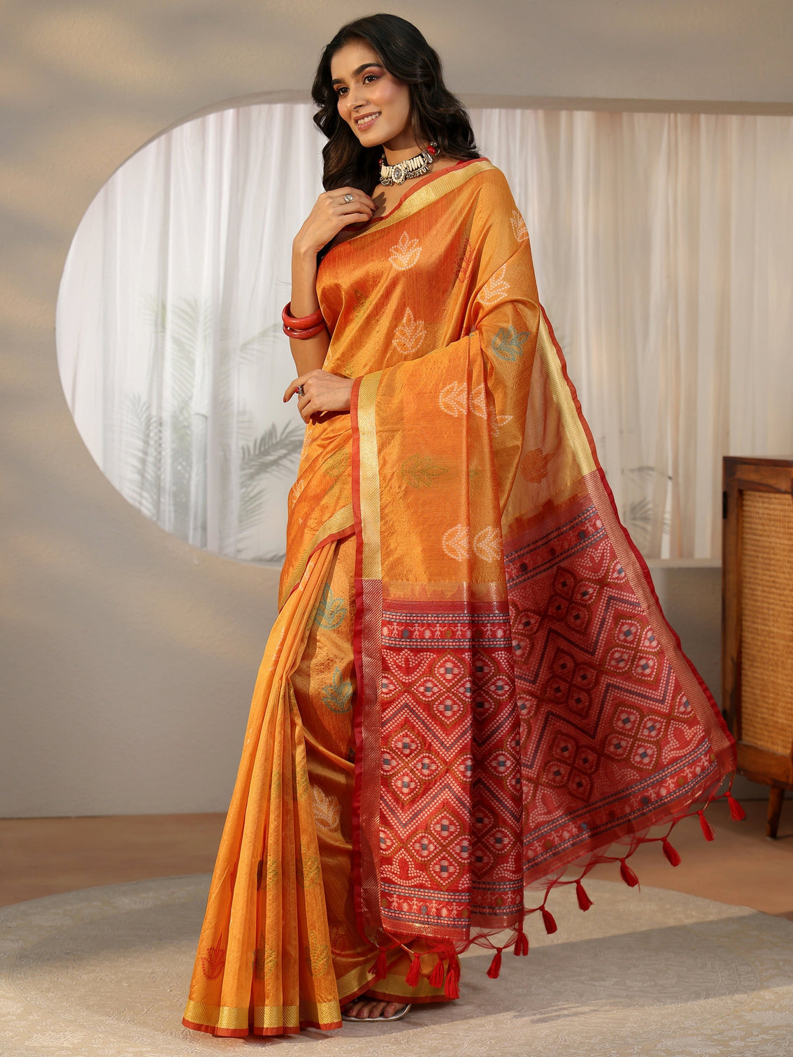 Mameraa Orange Bandhani Silk Blend Saree