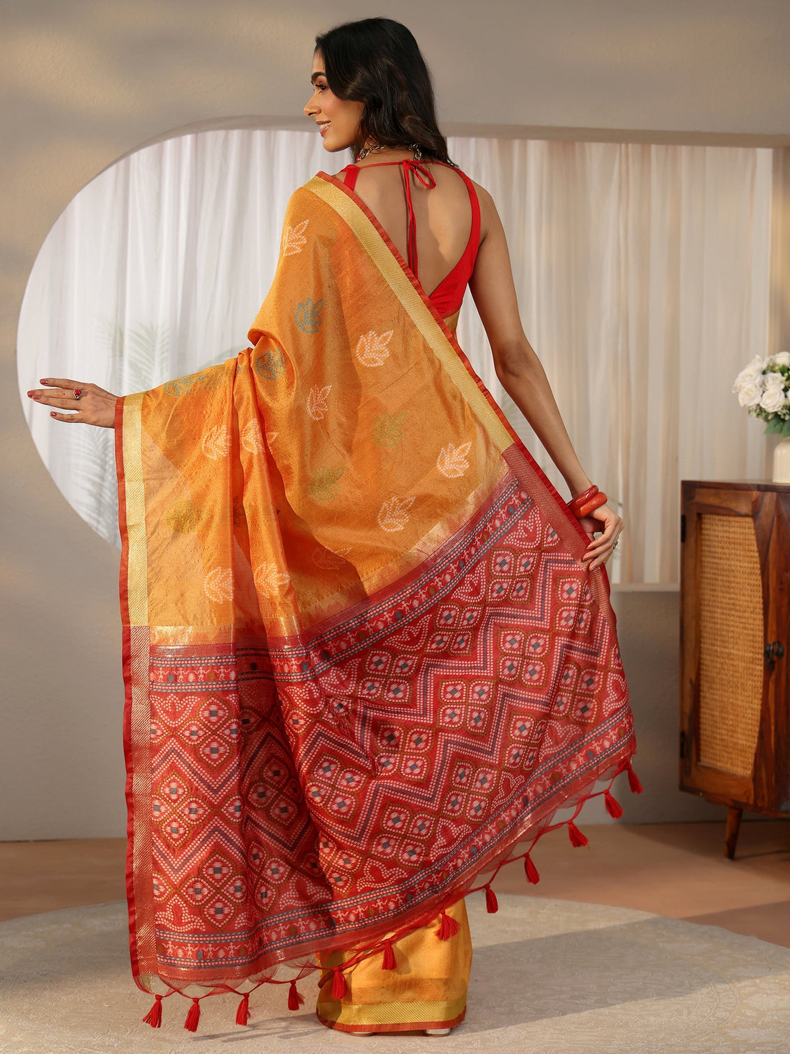 Mameraa Orange Bandhani Silk Blend Saree