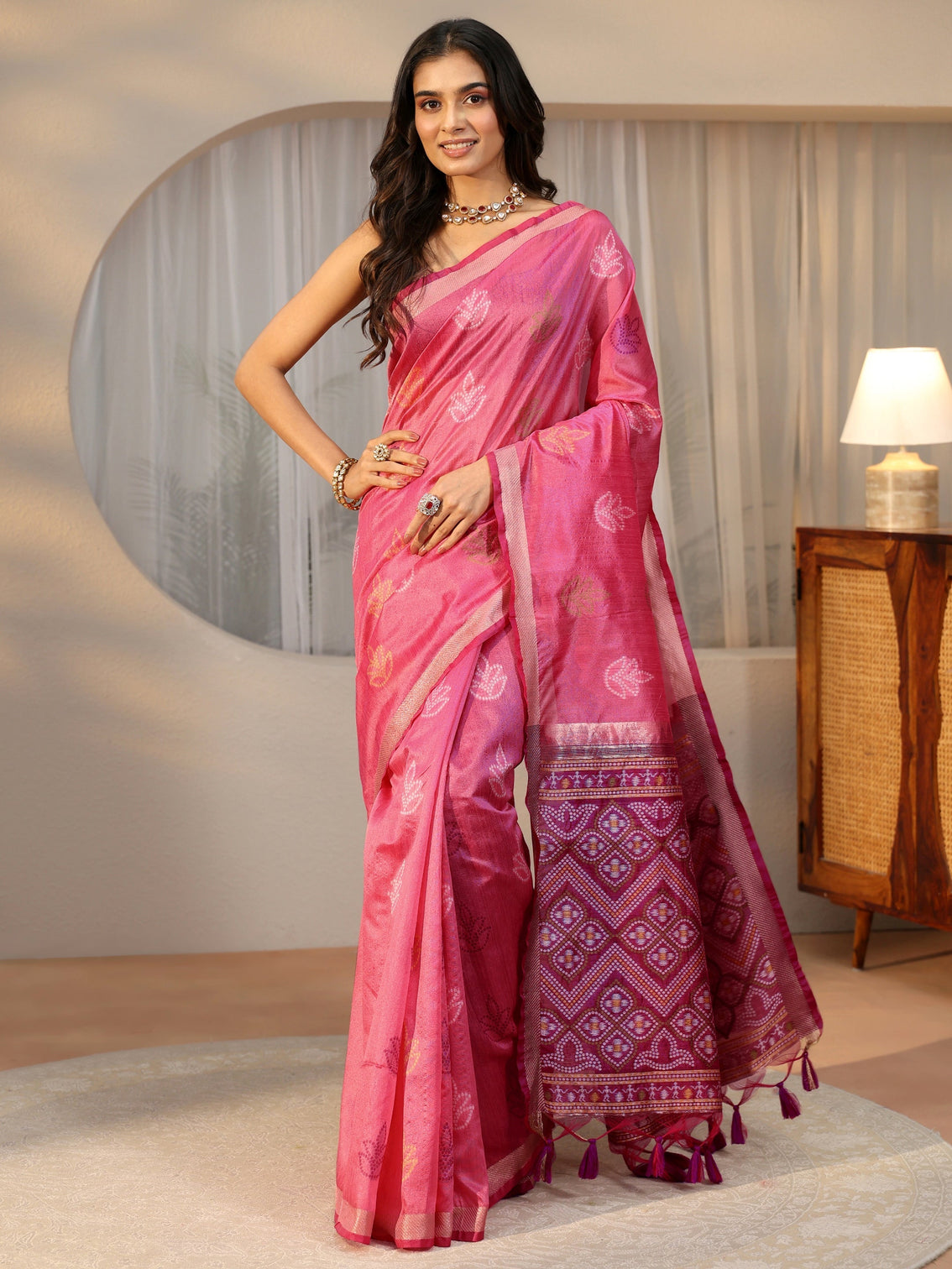 Mameraa Dusty Rose Pink Bandhani Silk Blend Saree
