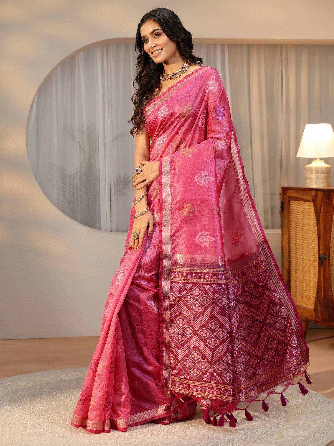 Mameraa Dusty Rose Pink Bandhani Silk Blend Saree