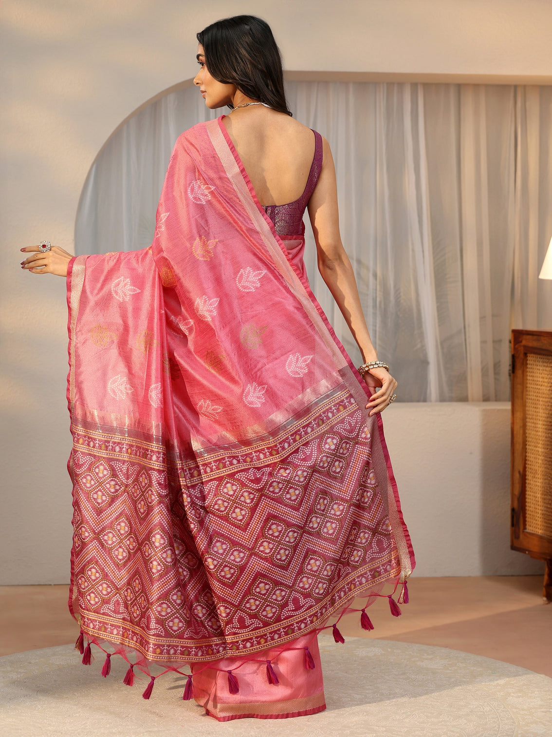 Mameraa Dusty Rose Pink Bandhani Silk Blend Saree
