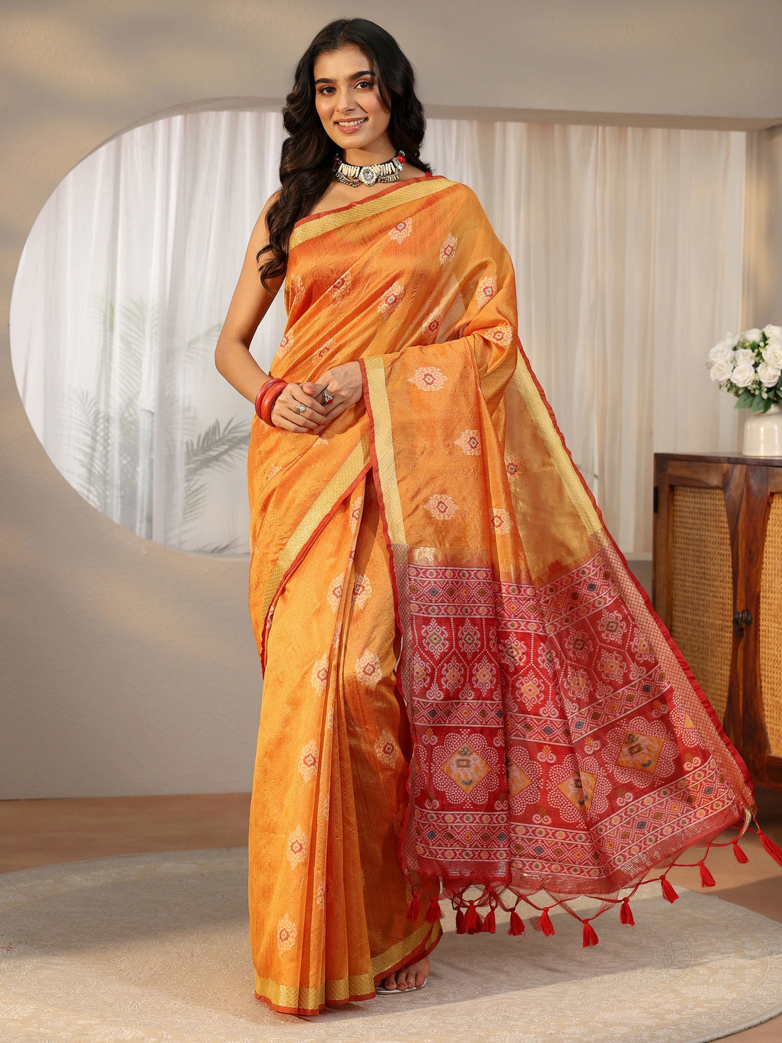 Mameraa Orange Woven Design Silk Blend Saree