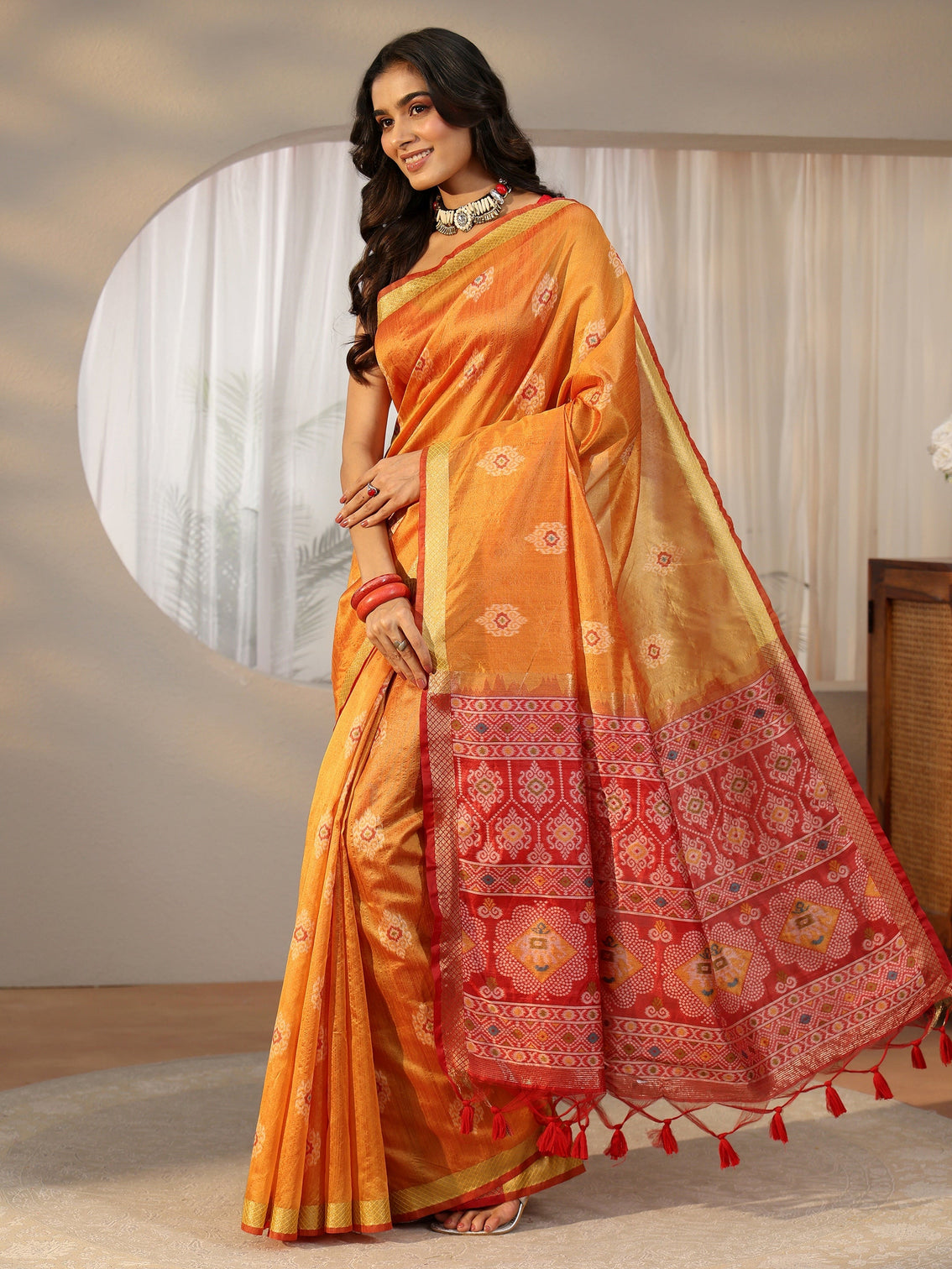 Mameraa Orange Woven Design Silk Blend Saree
