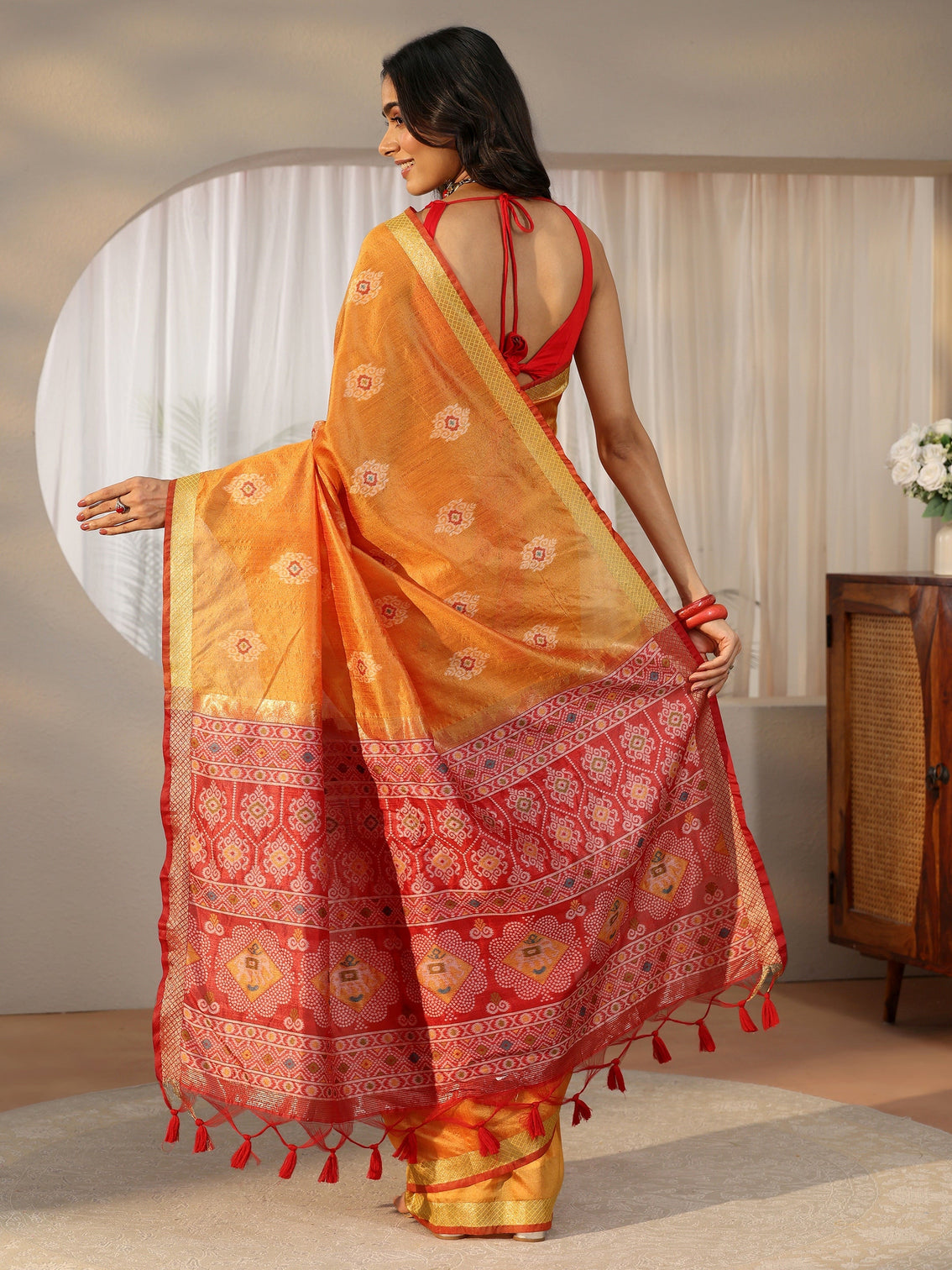 Mameraa Orange Woven Design Silk Blend Saree