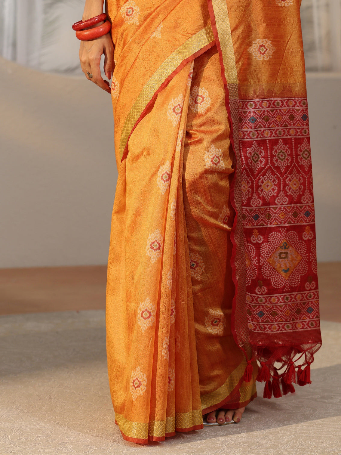 Mameraa Orange Woven Design Silk Blend Saree
