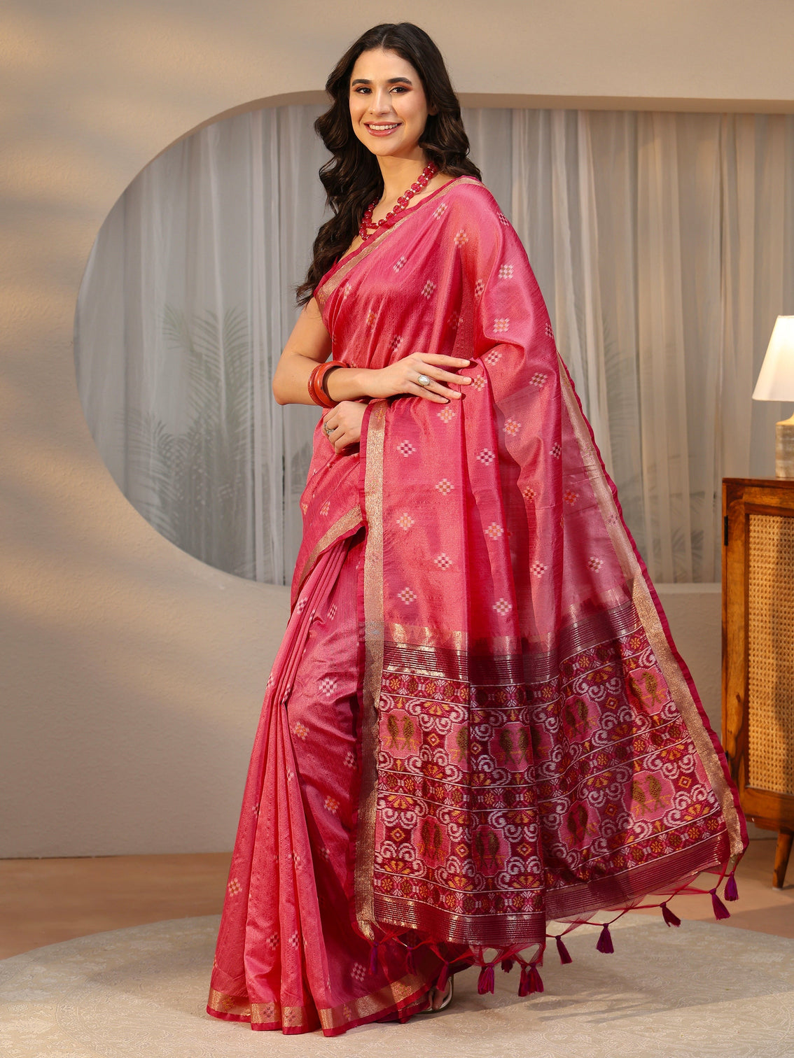 Mameraa Rose Pink Woven Design Silk Blend Saree
