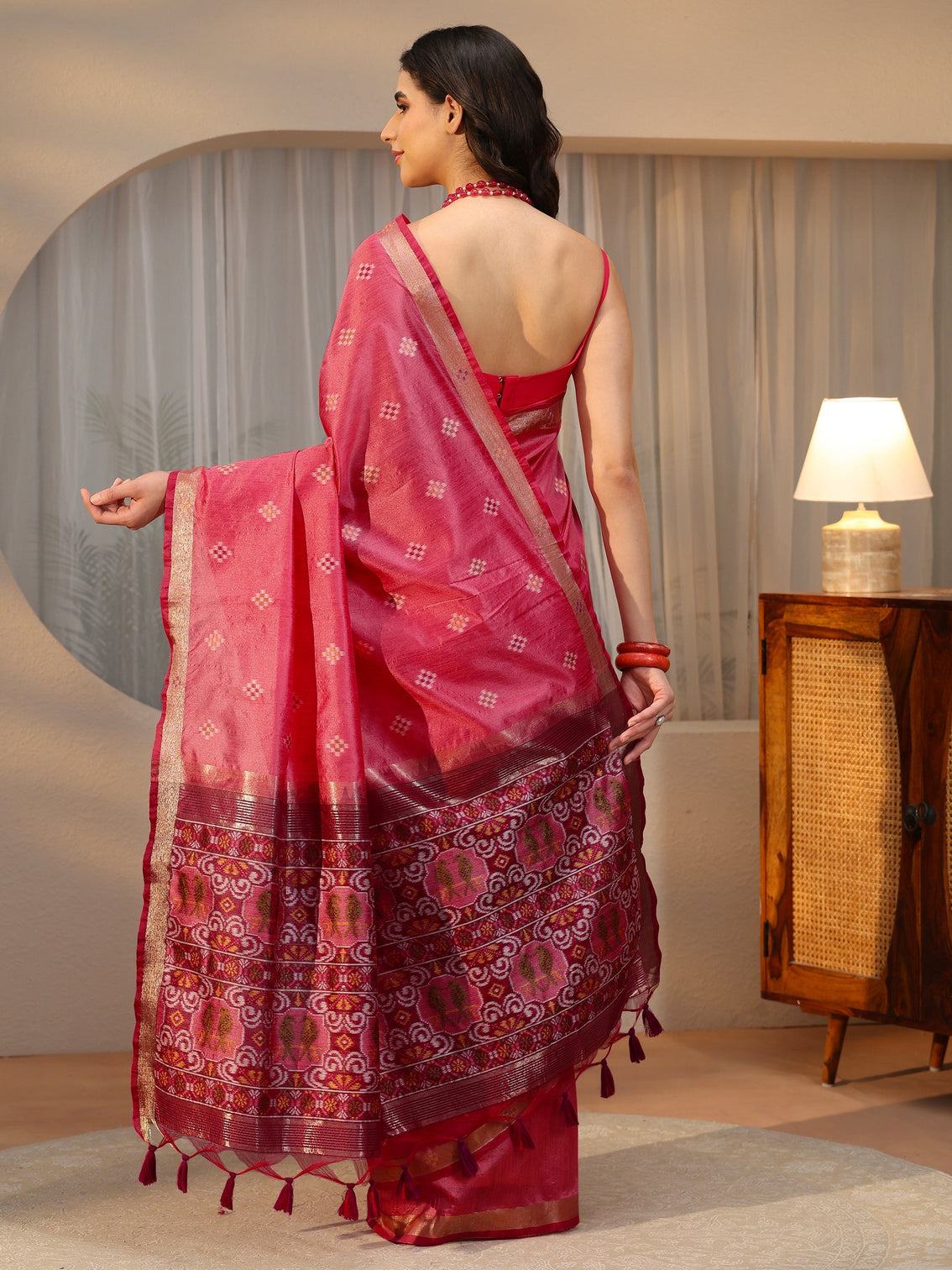 Mameraa Rose Pink Woven Design Silk Blend Saree