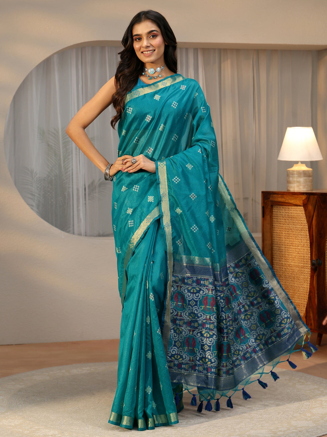 Mameraa Teal Blue Woven Design Silk Blend Saree