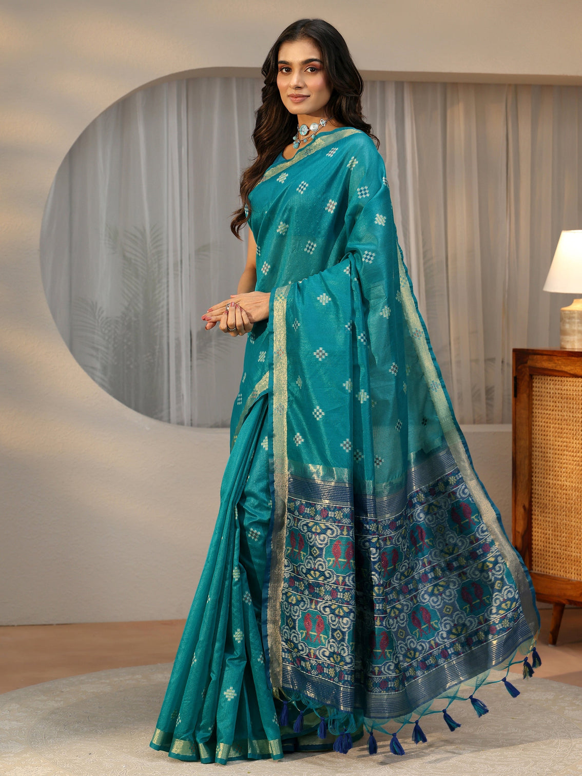 Mameraa Teal Blue Woven Design Silk Blend Saree
