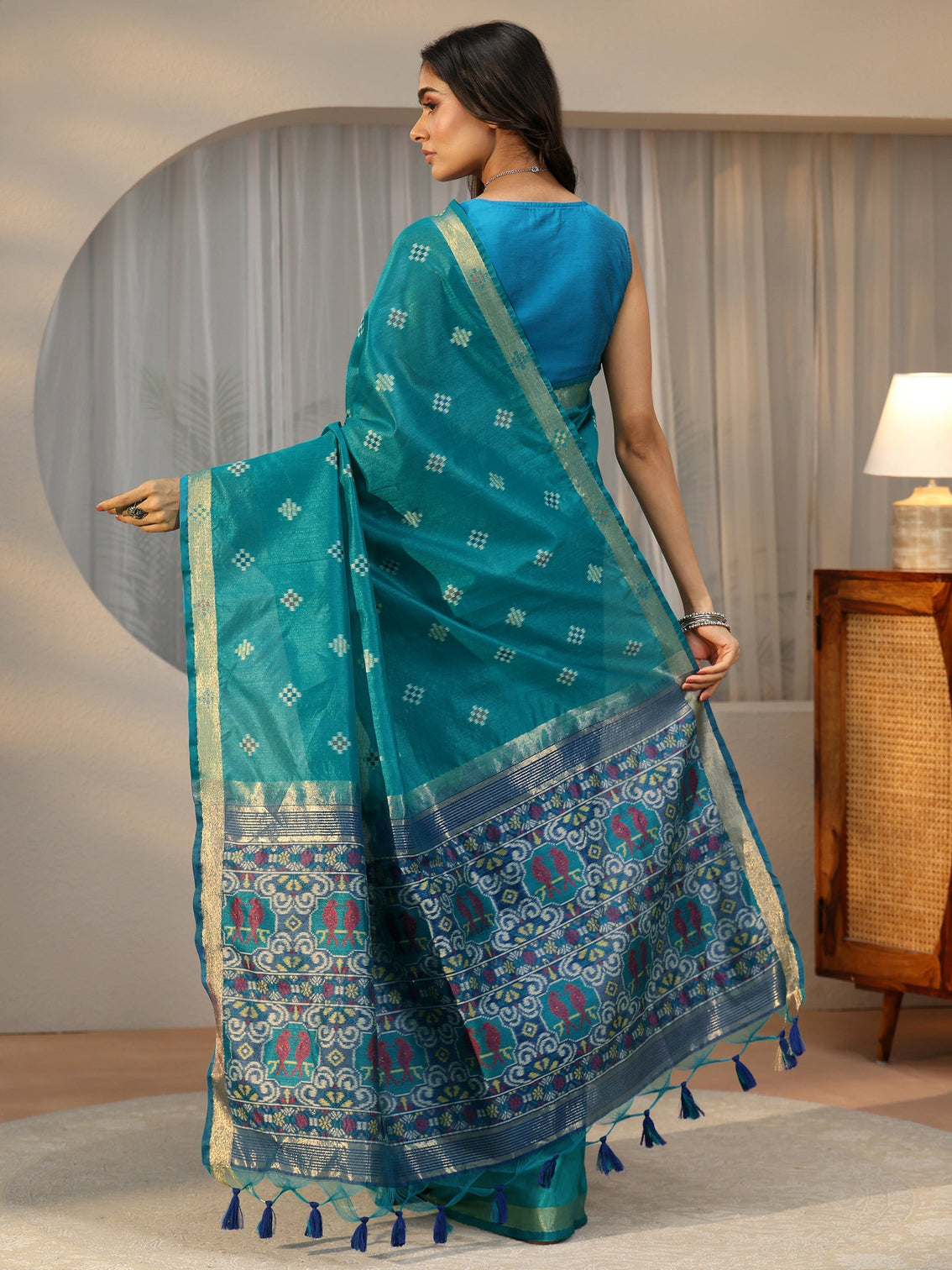 Mameraa Teal Blue Woven Design Silk Blend Saree