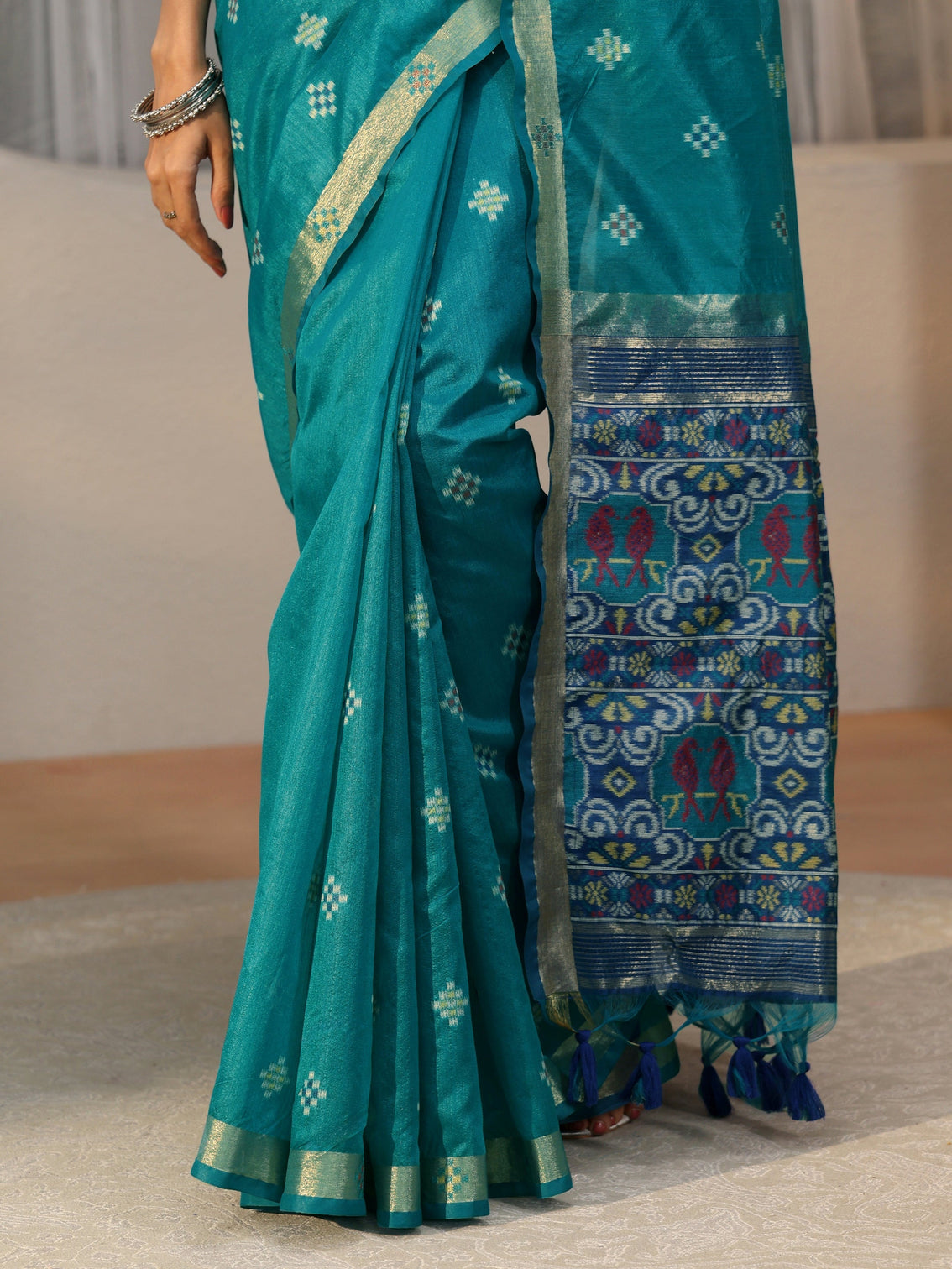 Mameraa Teal Blue Woven Design Silk Blend Saree