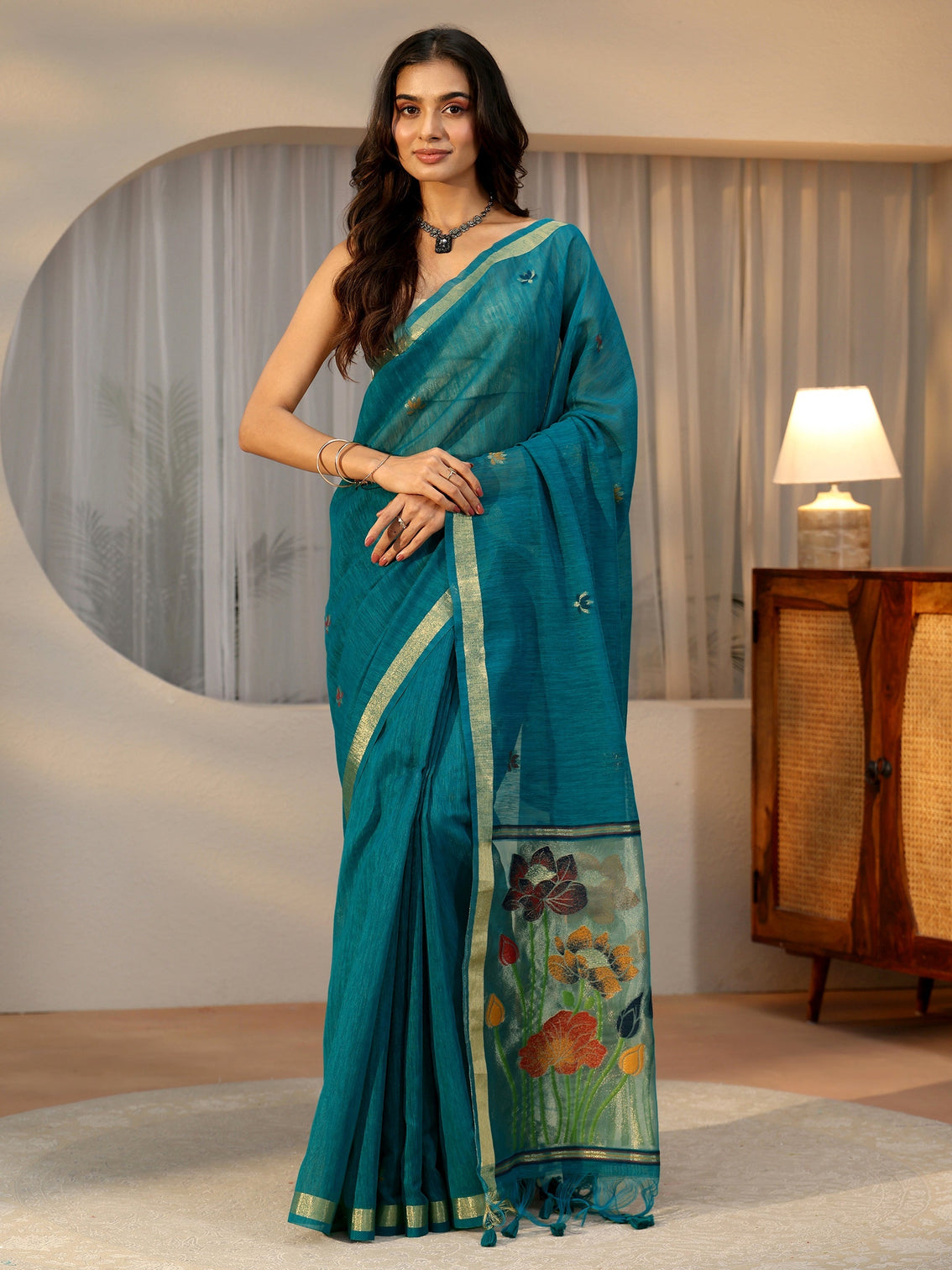 Mameraa Teal Blue Woven Design Floral Pallu Silk Blend Saree