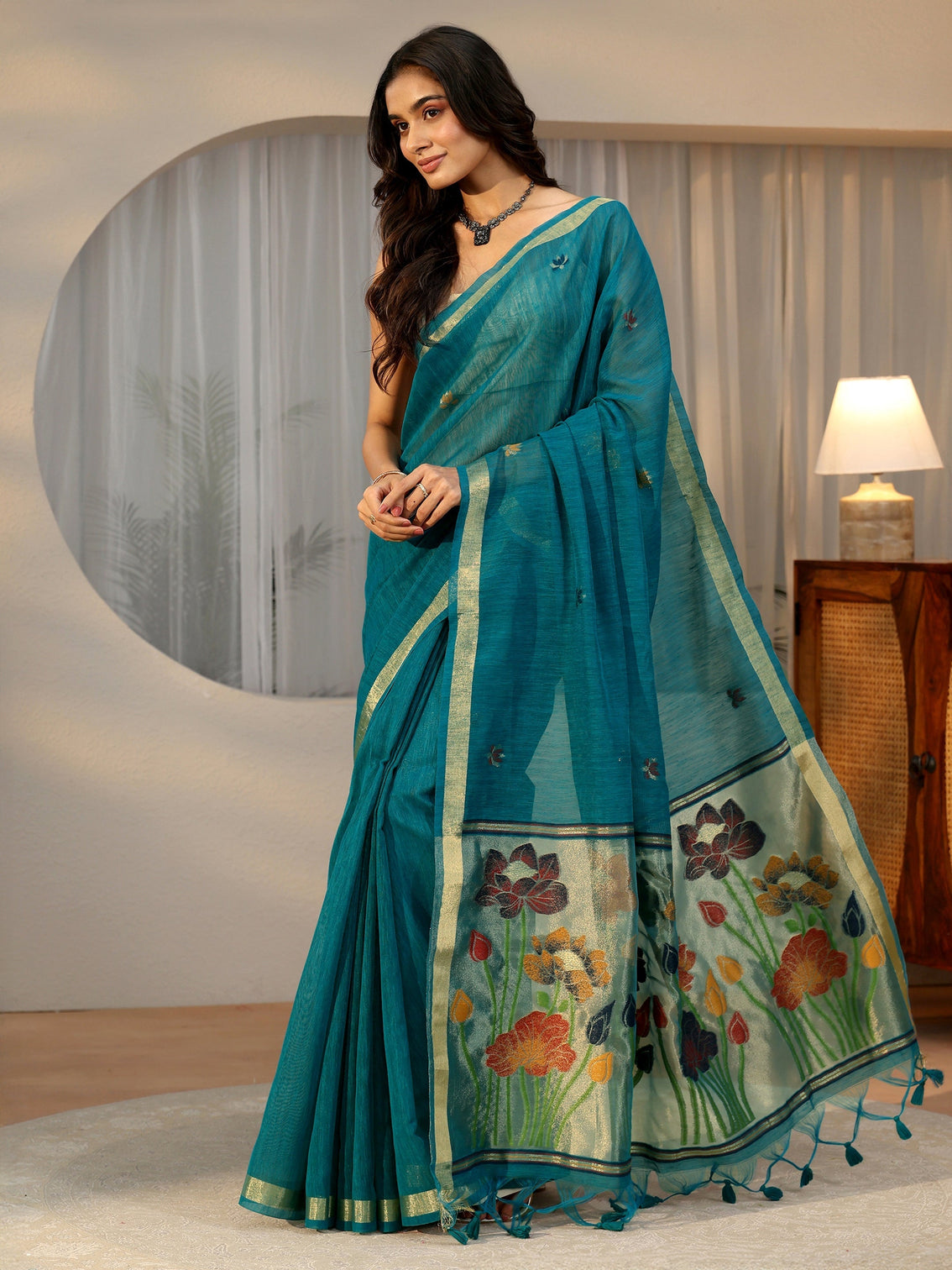 Mameraa Teal Blue Woven Design Floral Pallu Silk Blend Saree