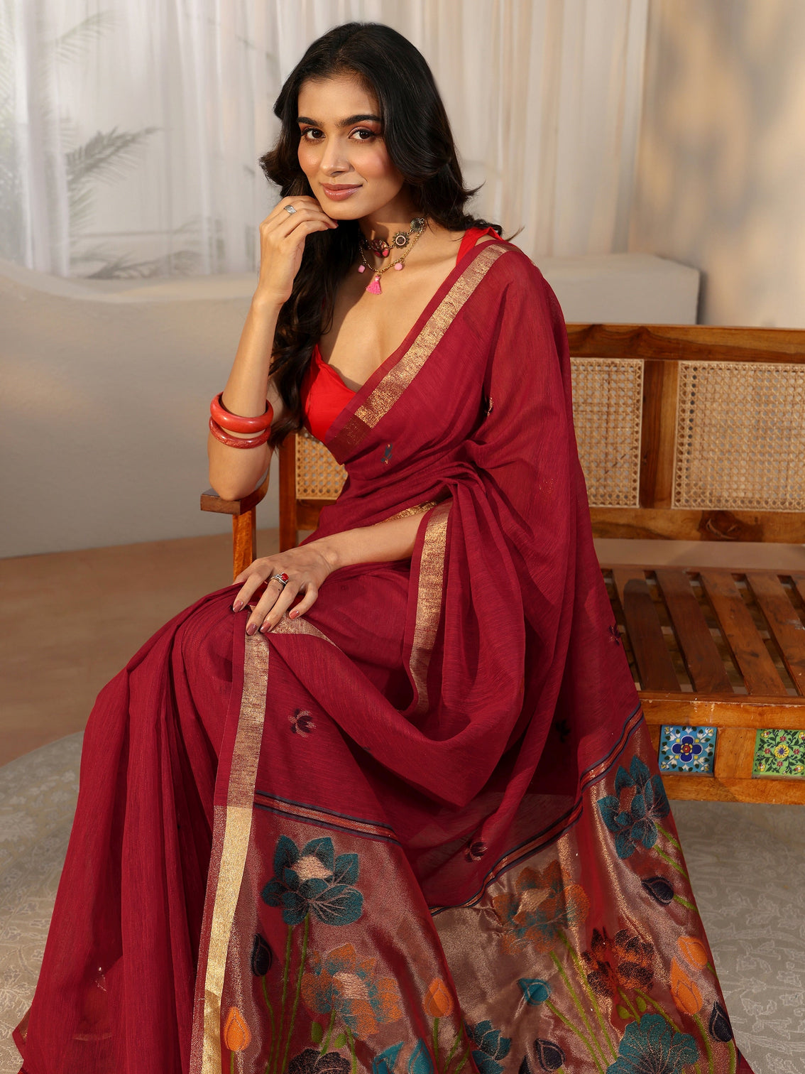 Mameraa Crimson Red Woven Design Floral Pallu Silk Blend Saree