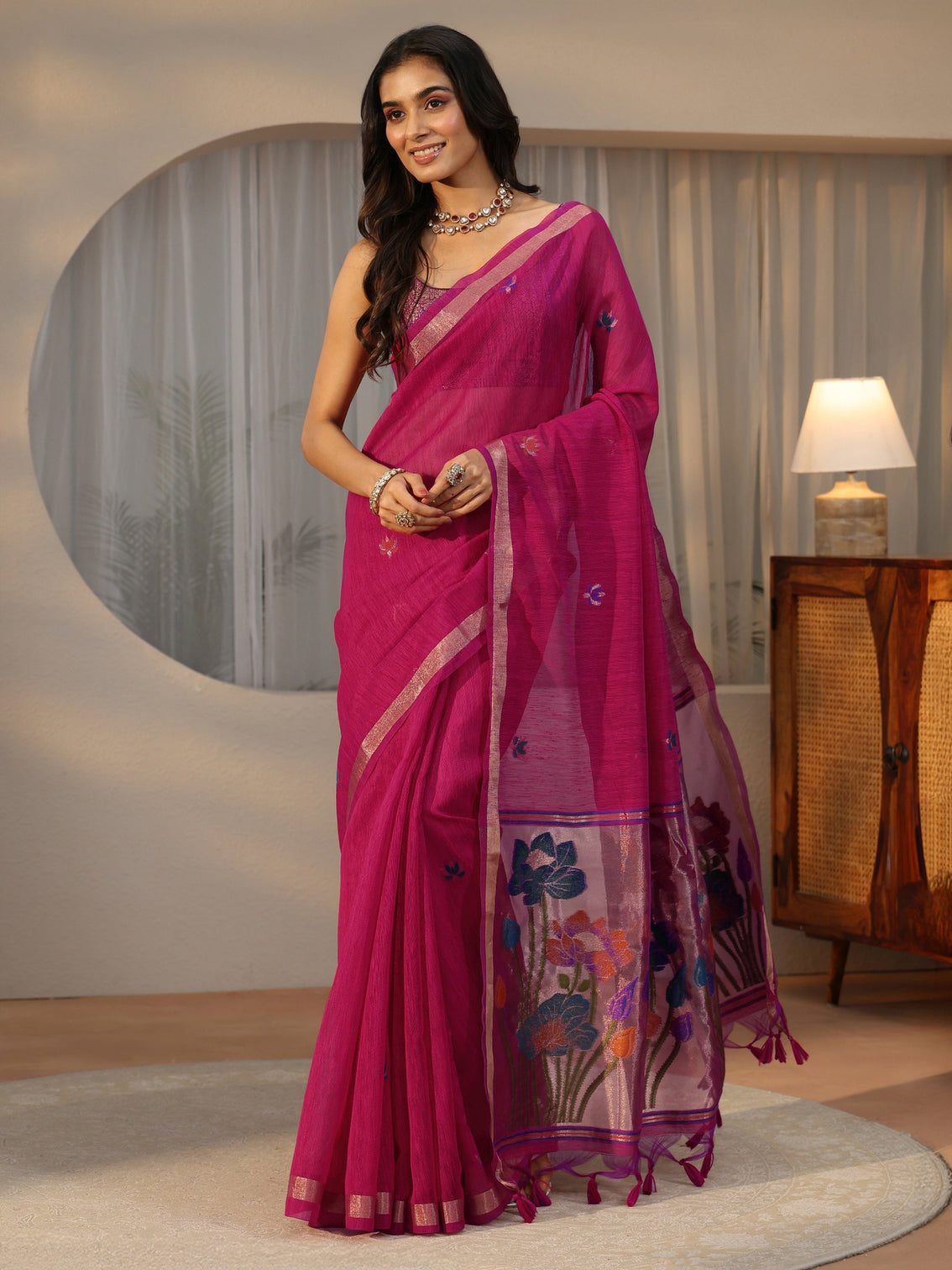 Mameraa Rani Pink Woven Design Floral Pallu Silk Blend Saree