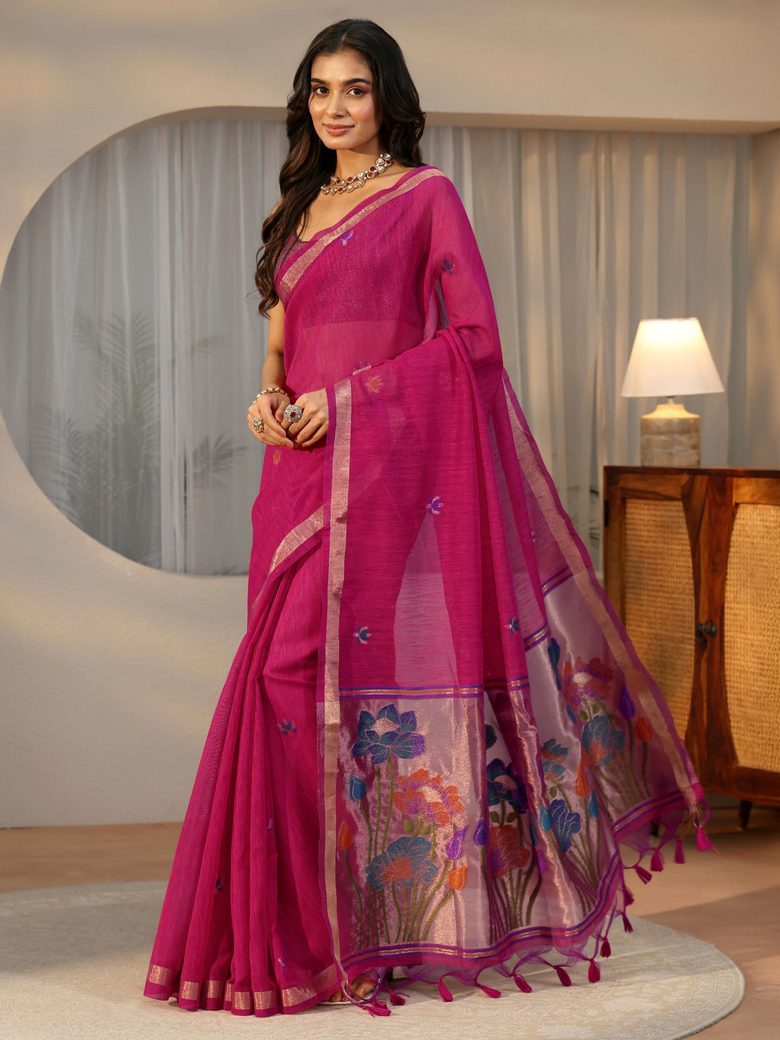 Mameraa Rani Pink Woven Design Floral Pallu Silk Blend Saree