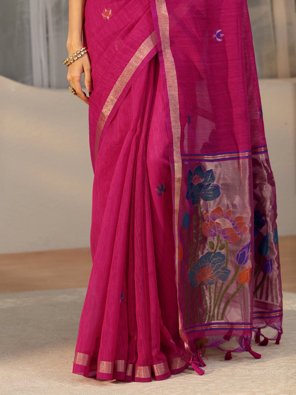 Mameraa Rani Pink Woven Design Floral Pallu Silk Blend Saree