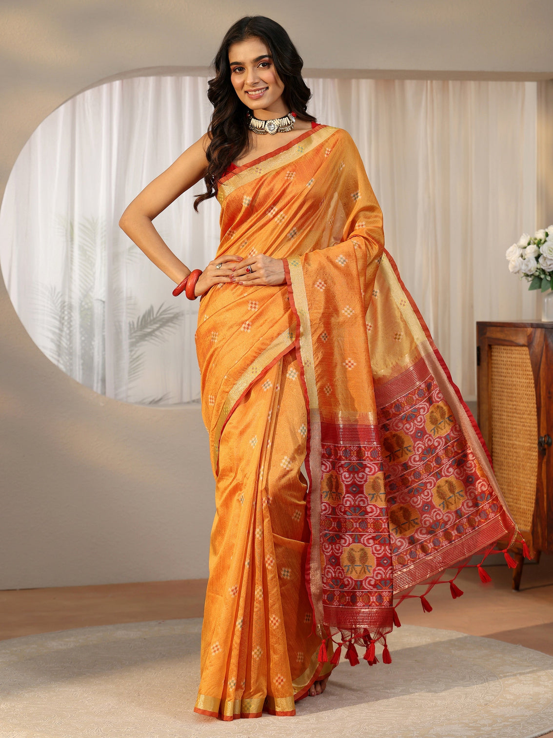 Mameraa Orange Woven Design Silk Blend Saree
