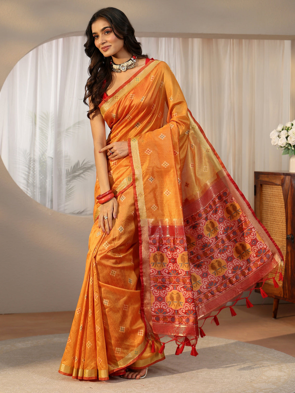 Mameraa Orange Woven Design Silk Blend Saree