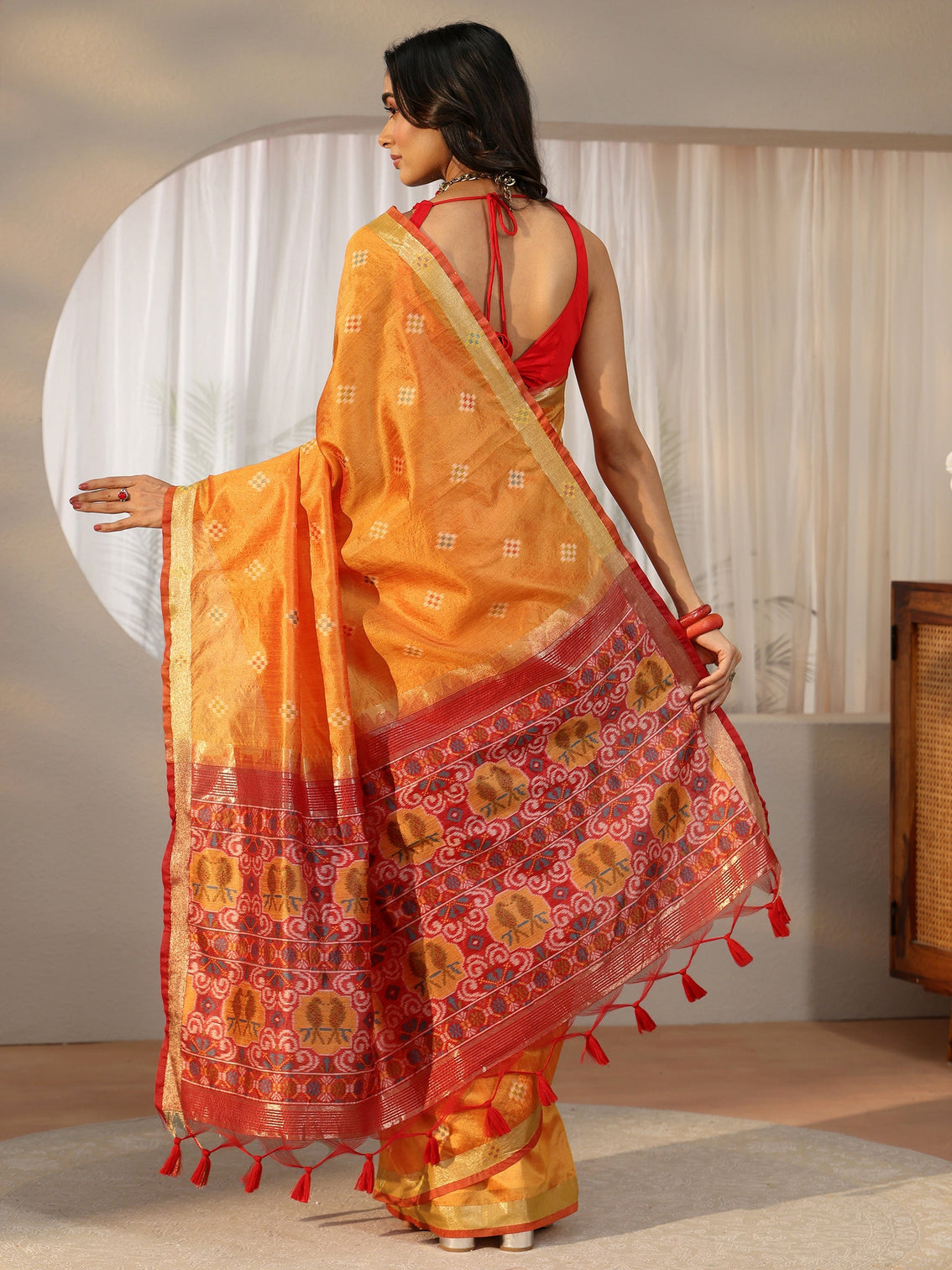 Mameraa Orange Woven Design Silk Blend Saree