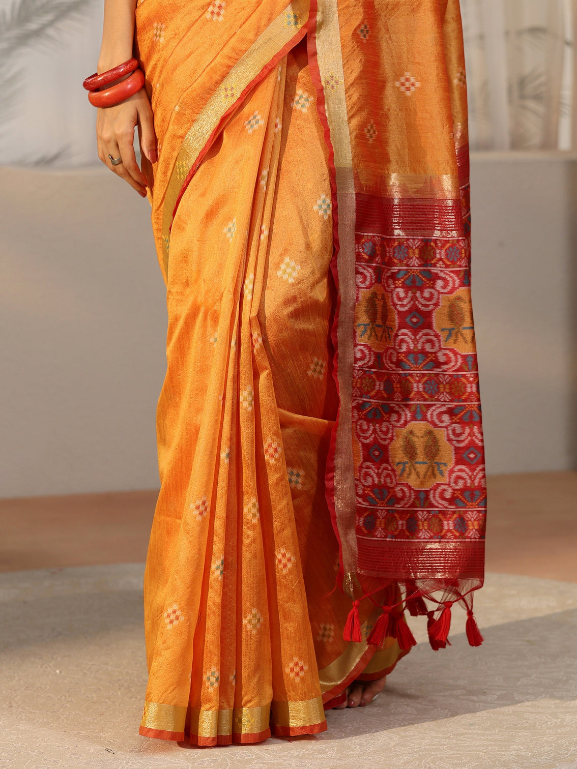 Mameraa Orange Woven Design Silk Blend Saree
