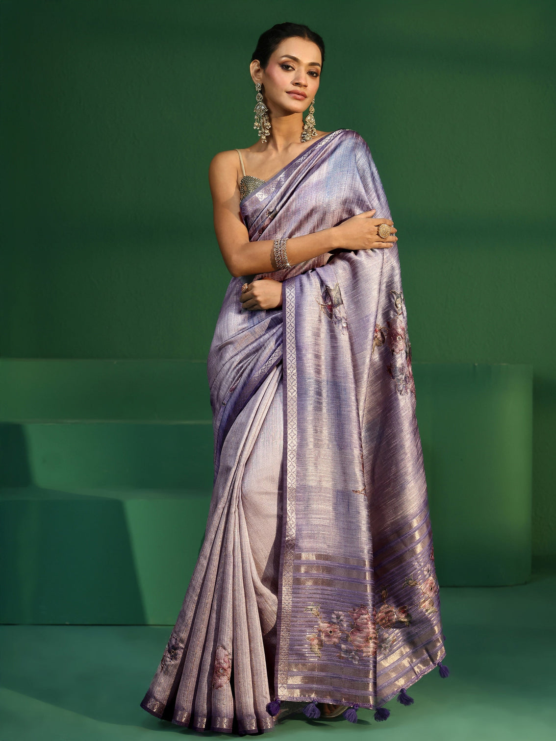 Mameraa Lavender Floral Print Silk Blend Saree