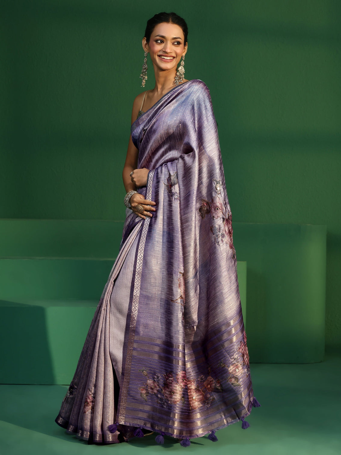 Mameraa Lavender Floral Print Silk Blend Saree